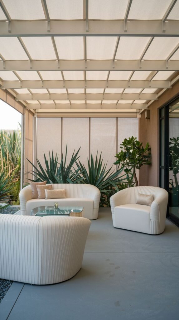 Modern covered lounge area with curved, fully upholstered white outdoor sofa, armchair, and circular ottoman featuring vertical ribbing, positioned on a gray floor under a square grid-style fabric awning.