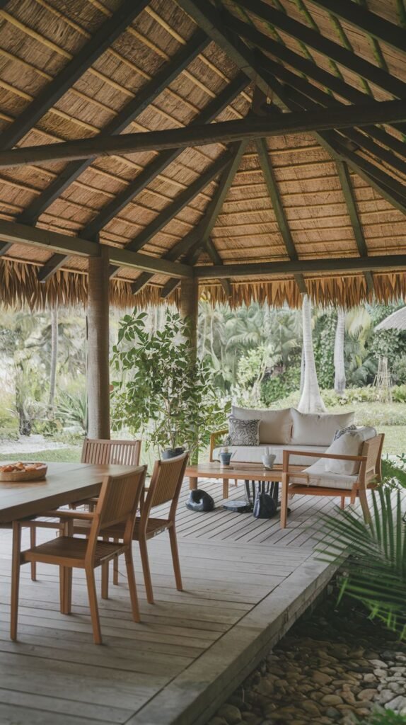 Tropical gazebo with a distinctive thatched roof, covering a simple wooden dining set and a light wood-framed lounge set with white cushions, set on an elevated wood deck.