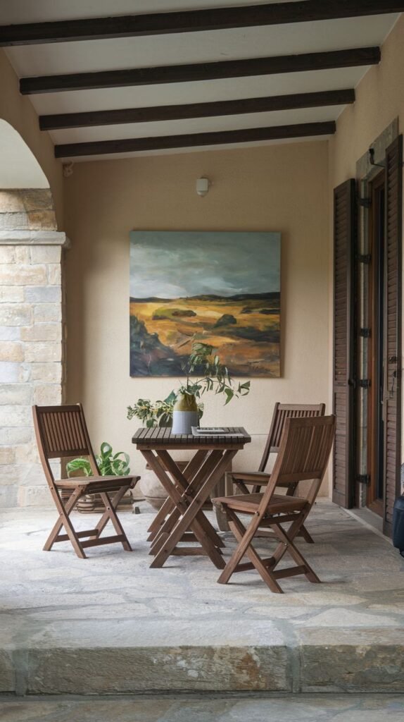 Small covered porch space with a dark wood folding bistro set (square table and two folding chairs), set on flagstone steps against a tan wall with a landscape painting.