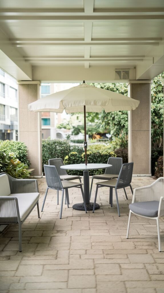 Modern outdoor dining set—a round dark table and gray woven chairs—under a white center-pole umbrella, situated beneath a white slatted overhead porch structure with ancillary gray seating nearby.