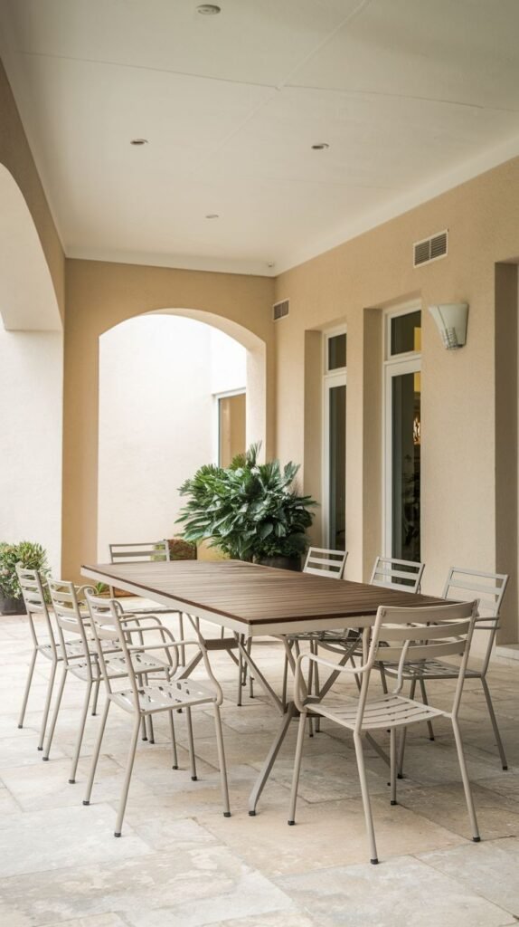 Expansive, high-ceiling covered patio with a large rectangular dark wood slat dining table surrounded by numerous light gray metal chairs, set against tan walls with tall glass doors and an arched opening.