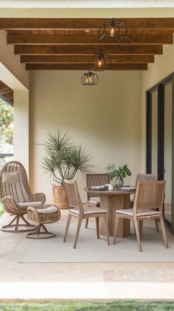 Cozy covered porch featuring a round wooden pedestal dining table and chairs with light cushions, placed on a rug beneath dark exposed ceiling beams and two black geometric pendant light fixtures, beside a tall rattan swivel chair.