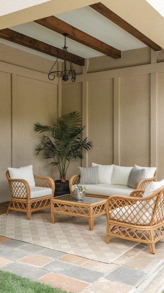 Traditional covered patio lounge set: light natural woven rattan sofa and two armchairs with white cushions and black and white throw pillows, gathered around a glass-topped rectangular coffee table under dark exposed ceiling beams.