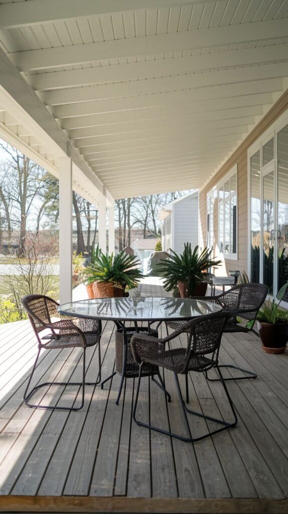 Dark brown woven dining chairs with minimalist black metal frames surrounding a large round glass-topped table on a wooden deck under a light-colored slatted porch ceiling.