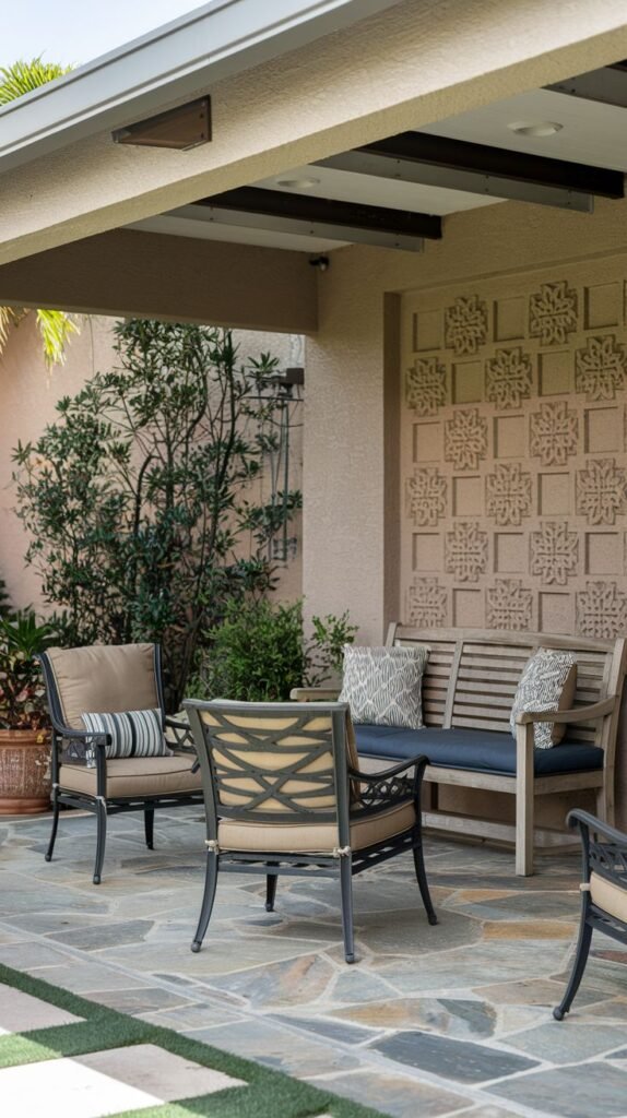 Covered outdoor seating area on flagstone, featuring metal armchairs with beige cushions and a slatted light wood bench with navy cushions, backed by a large decorative geometric architectural wall panel.