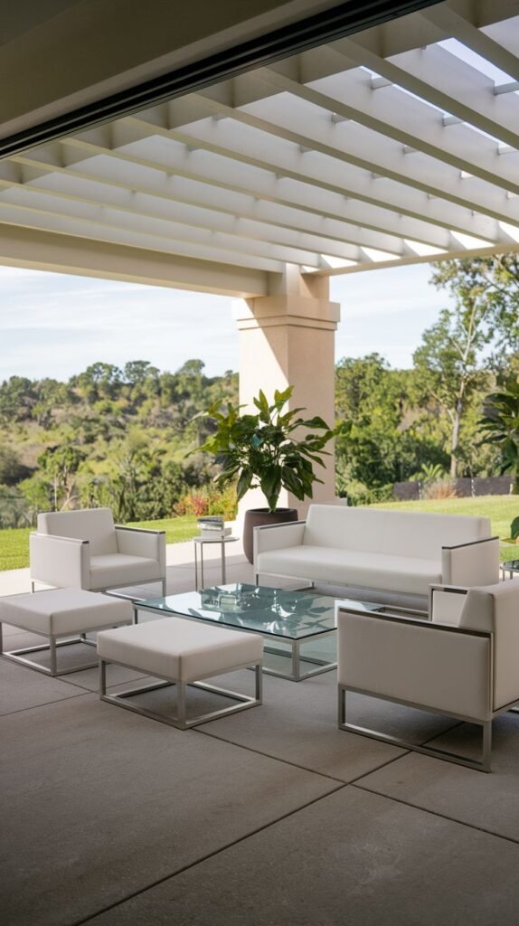 Contemporary outdoor conversation set with white square-cushioned seating (sofa, armchair, ottomans) supported by low stainless steel frames, centered on a large rectangular glass coffee table beneath a white slatted pergola roof.