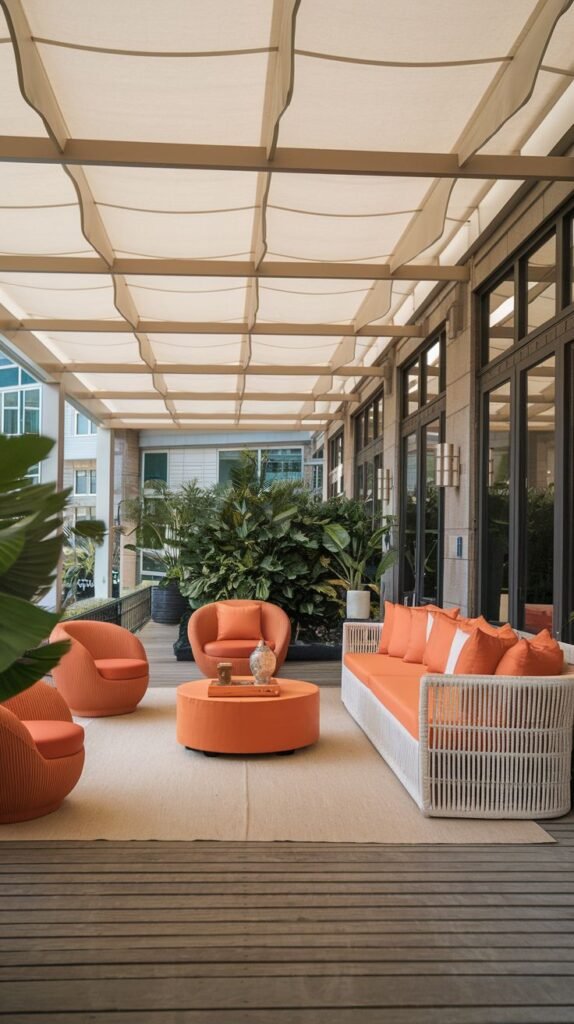 Vibrant covered patio lounge featuring a white woven sofa and three curved chairs with bright orange cushions, anchored by a round orange upholstered coffee table on a wooden deck under a fabric canopy.