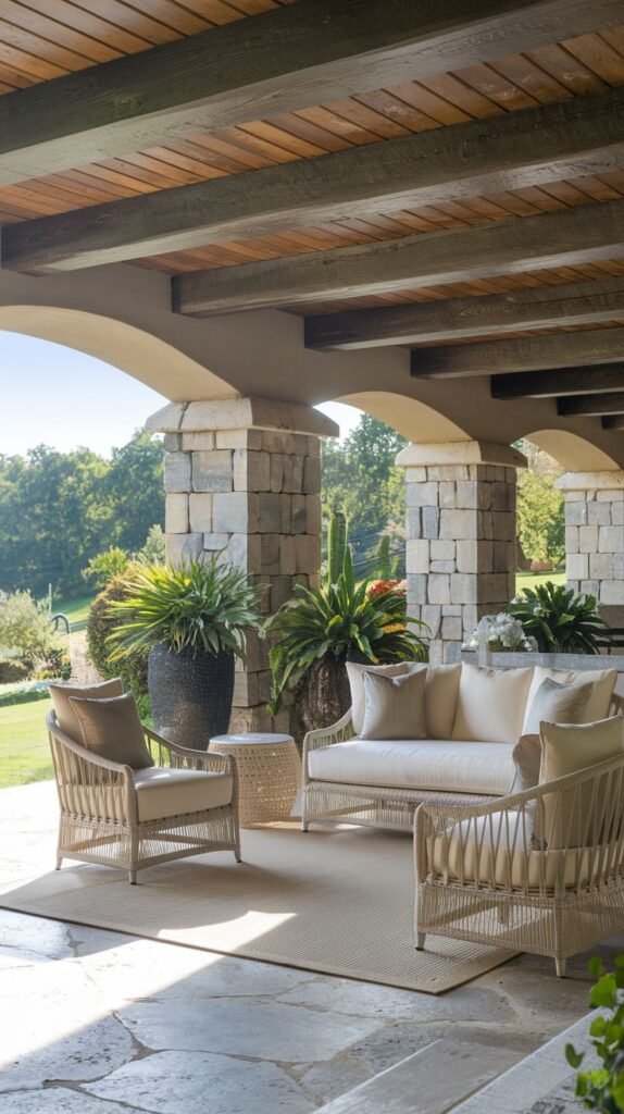 Covered stone patio with light-toned woven furniture (sofa and armchairs) with cream cushions, situated between massive rough-cut stone columns supporting dark exposed wood beams.
