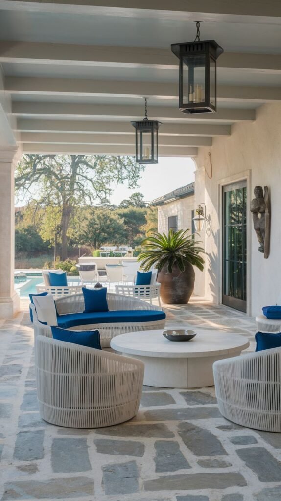 Covered patio with white rope-woven seating (sofa and barrel chairs) accented by bright royal blue cushions, centered around a large circular white stone coffee table on a blue-gray flagstone floor.