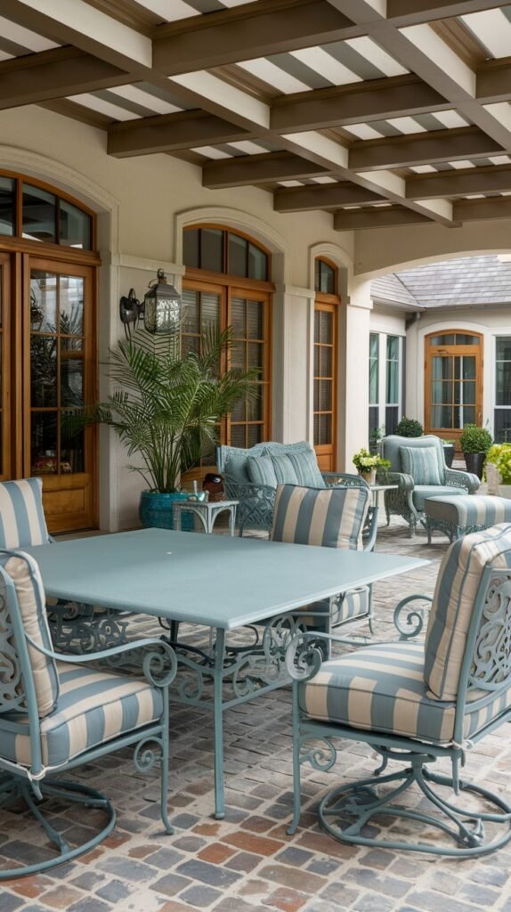 Spacious covered outdoor area showcasing matching light blue/teal cast metal dining table and chairs, and a separate lounge set, all furnished with wide beige and blue striped cushions, under a slatted pergola roof.