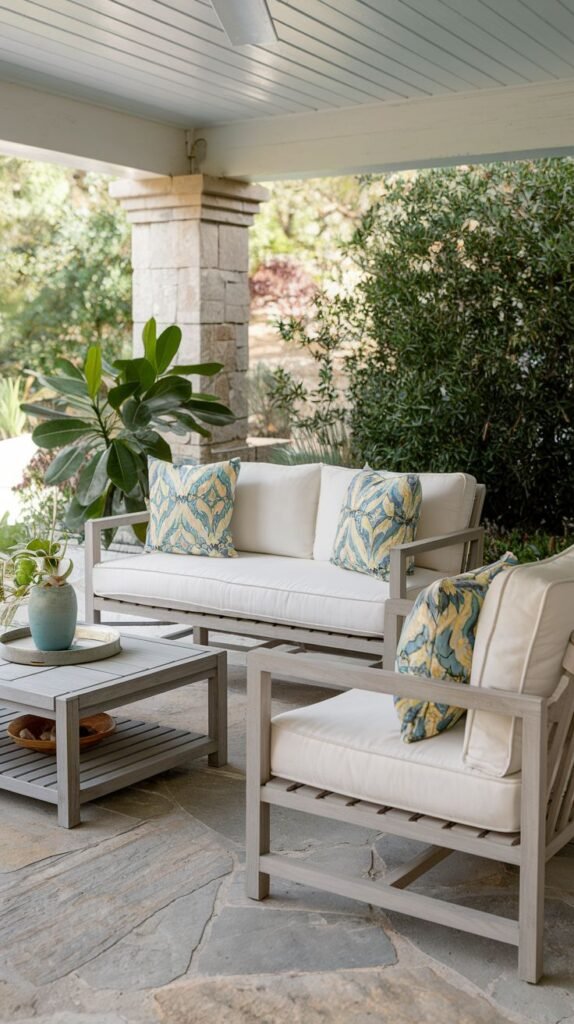 Covered patio featuring a weathered gray wooden sofa and armchair with cream cushions, enhanced by throw pillows patterned with blue and yellow tropical leaves, next to a matching slatted wood coffee table.