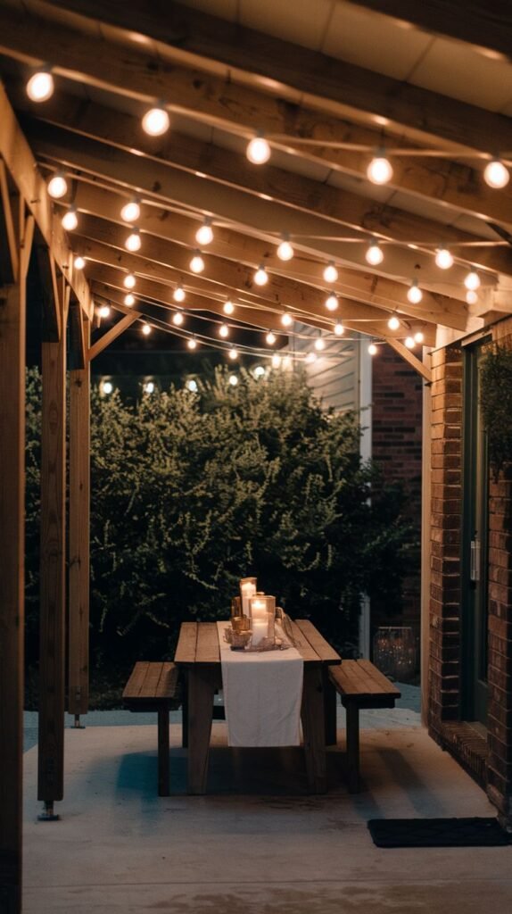 Covered patio dining area at night featuring globe string lights strung across exposed wooden rafters above a wooden picnic table with lit candles.