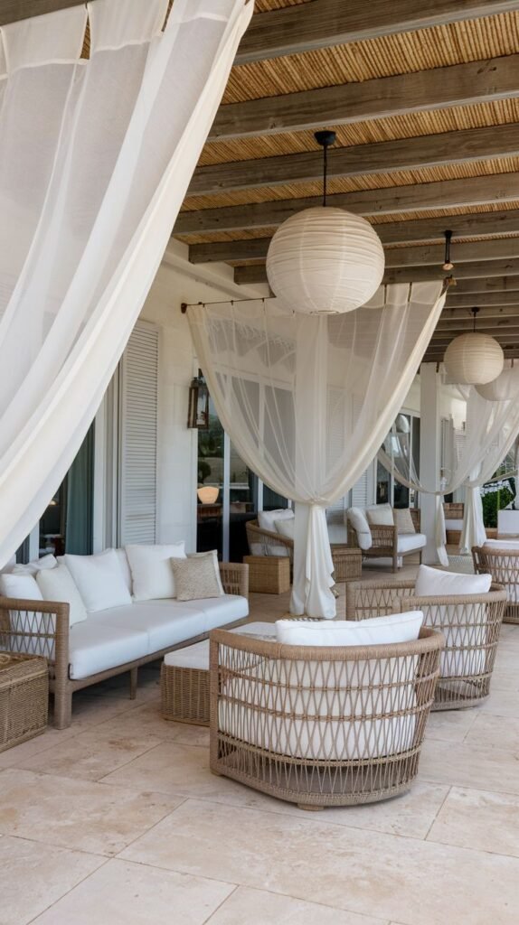 Resort-style covered patio with white drapery and oversized, round white lantern pendant lights hanging above natural wicker and rattan seating.
