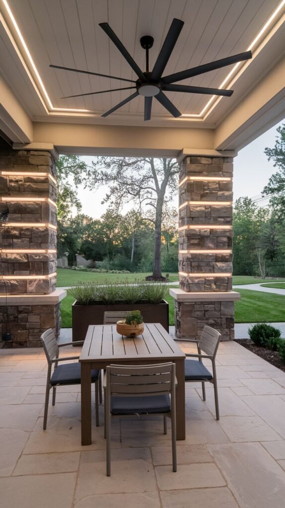 Covered patio with perimeter linear strip lighting, a ceiling fan, and accent lighting integrated into the horizontal bands of the stacked stone support columns.