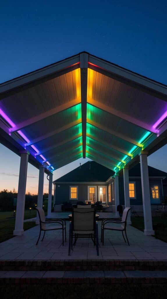 Outdoor pavilion lit by color-changing LED linear light strips installed along the rafters, displaying purple, orange, and green hues against a nighttime sky.