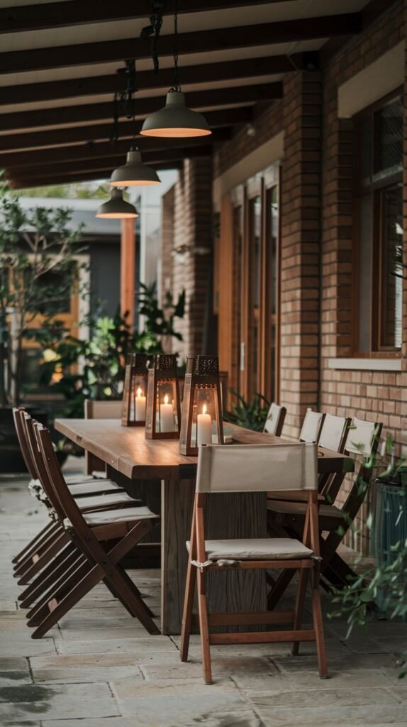 Covered dining space featuring a combination of three industrial dome pendant lights and three large candle lanterns placed centrally on the long wooden dining table.