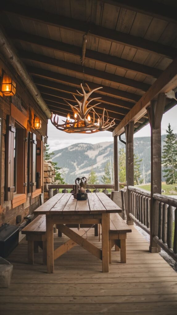 Rustic mountain cabin porch with wood paneling and log railings, featuring a large, multi-bulb antler chandelier hanging above a wooden picnic table.