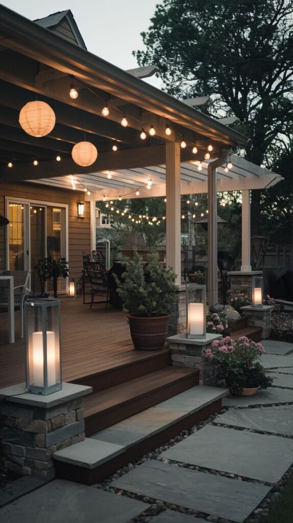 Covered wooden deck patio featuring overhead string lights and tall, modern illuminated lanterns placed on stone pillars flanking the exterior steps.