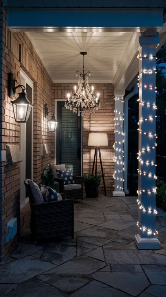 Formal covered porch combining a crystal chandelier, wall lanterns, a tripod floor lamp, and mini string lights wrapped around a support column.