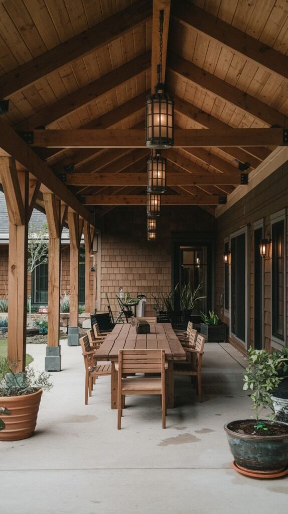 Long, covered wooden patio featuring a repetitive grid of identical, traditional dark caged lantern pendant lights suspended over a large wooden dining table.