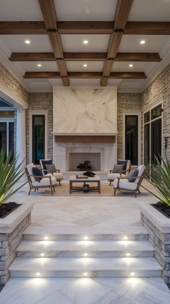 Elegant covered patio with recessed spotlights in a coffered ceiling, highlighted by small, round integrated lights embedded into the risers of the marble steps.