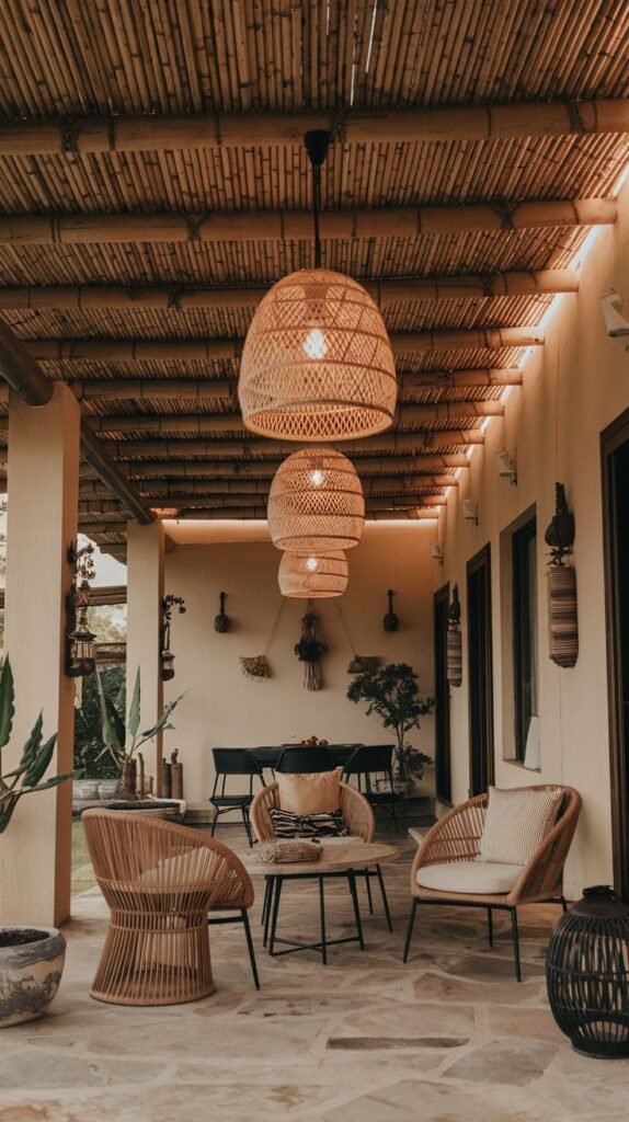 Bohemian covered patio with a bamboo ceiling and three tiered woven natural fiber (rattan) pendant lights hanging above curved outdoor seating.