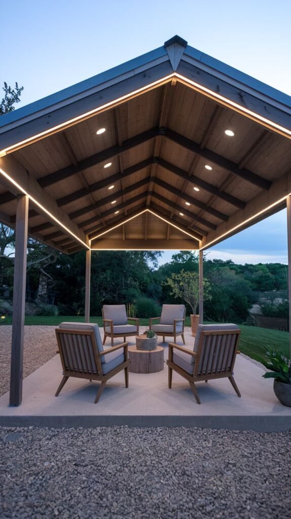 Modern pavilion with recessed downlights and continuous linear LED strip lighting along the perimeter of the wooden, pitched ceiling, illuminating four outdoor chairs.
