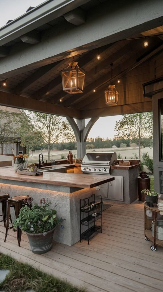 Covered outdoor kitchen featuring two decorative lantern pendants over the counter, complemented by ambient string lights and hidden strip lighting illuminating the counter base.