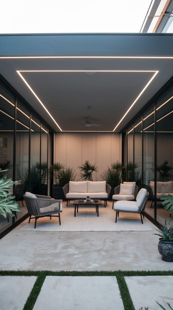 Contemporary covered patio defined by a bold rectangular outline of continuous linear LED lighting in the ceiling, centered above modern outdoor furniture and a ceiling fan.