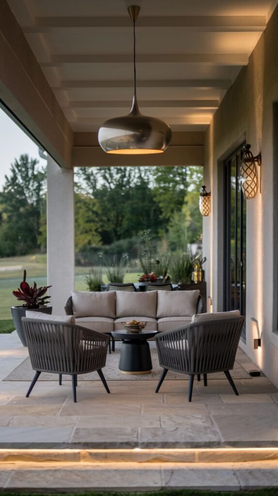 Covered patio with stone floor, featuring a large metallic dome pendant light, wall sconces, and integrated linear strip lighting along the step riser leading into the space.