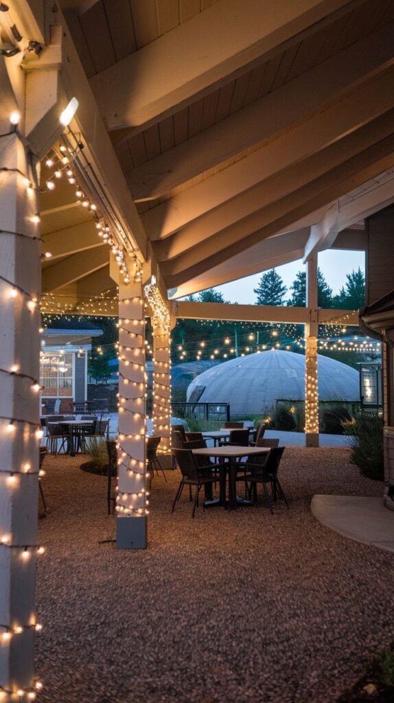 Festive covered patio illuminated by small string lights densely wrapped vertically around the white structural columns and draped overhead, above dark outdoor tables on a gravel surface.