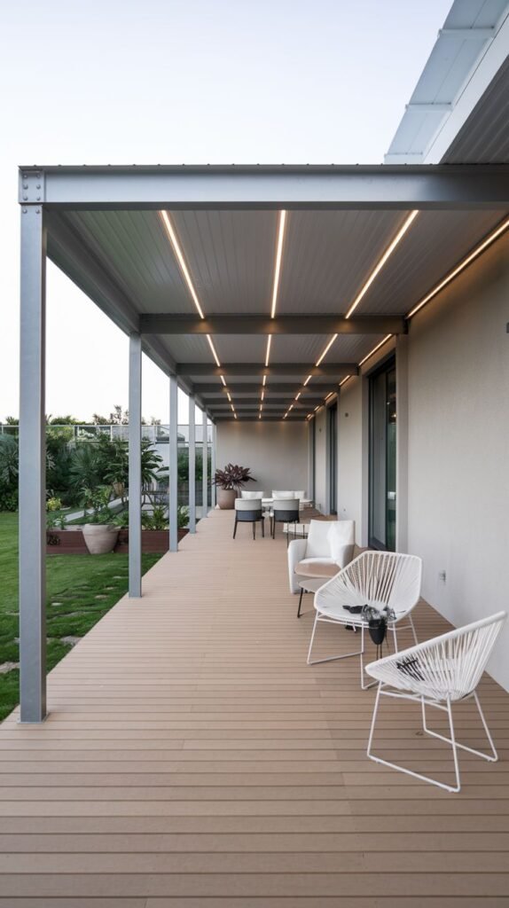 Long, modern covered patio featuring thin, parallel lines of integrated linear LED lighting flush-mounted into the metal ceiling structure above a composite wood deck.