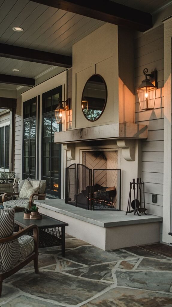Outdoor living space focused on a masonry fireplace flanked by two large, traditional caged wall lanterns, complemented by recessed ceiling lighting.