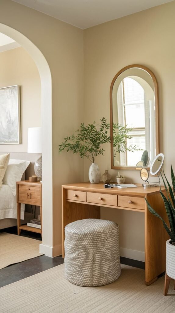 A warm, mid-toned wood vanity desk featuring three horizontal drawers. A large arched mirror with a matching wood frame stands on the desk. A large, textured beige ottoman serves as seating.