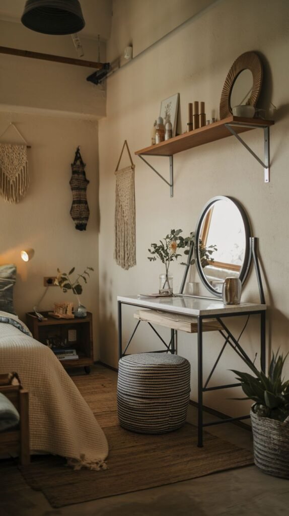 An industrial-style vanity desk with a white top and a black metal geometric base. A black-framed round table mirror sits on the surface, below a floating wooden shelf.