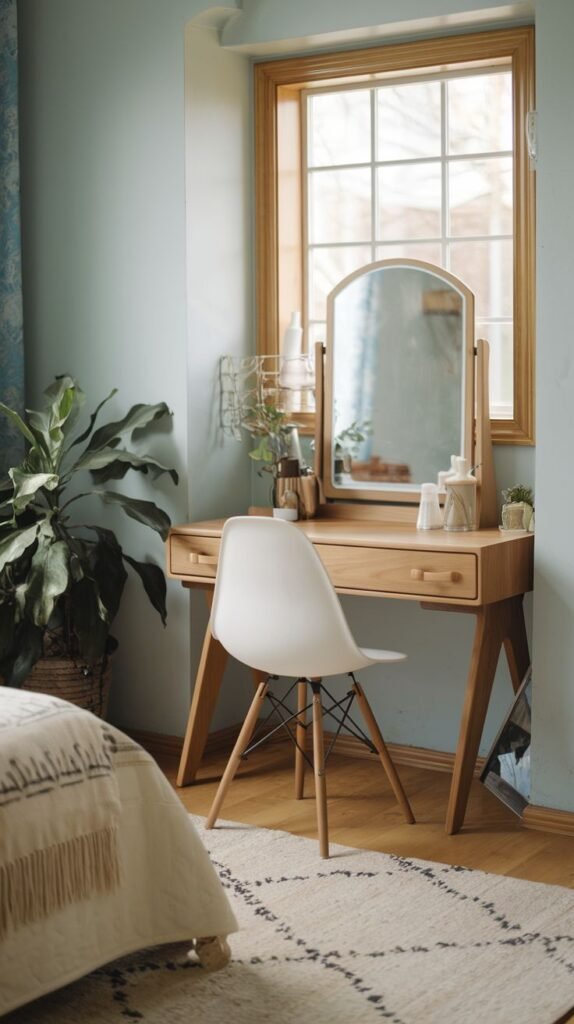 Mid-century modern wood vanity desk with angled legs and two drawers, placed in front of a window. It holds an arched tilting table mirror and is paired with a white contemporary molded plastic chair.
