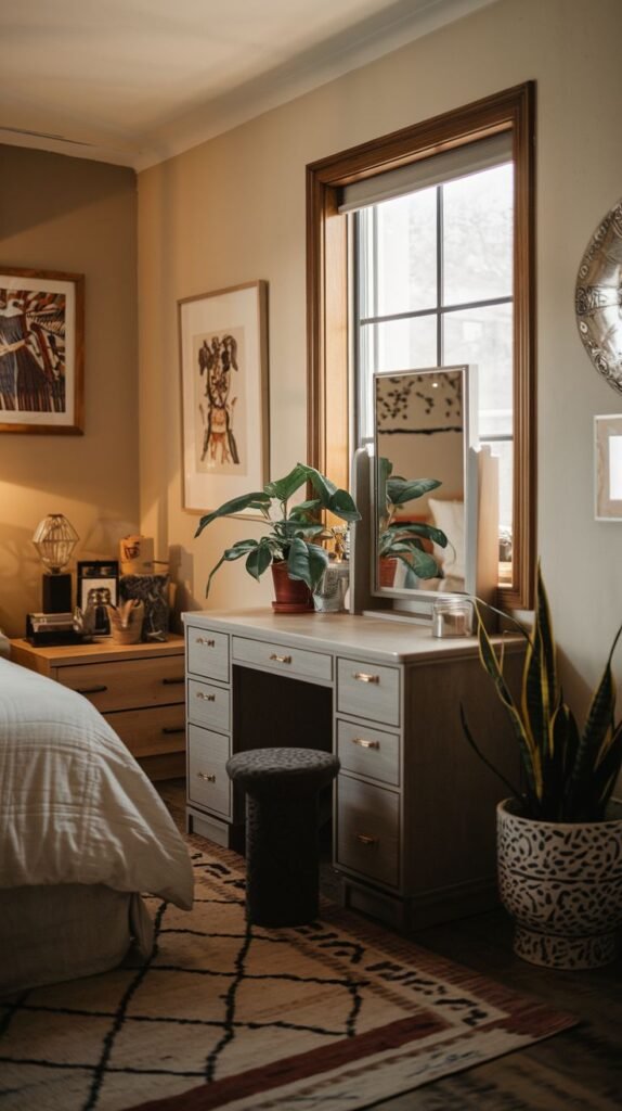 A light gray vanity console with eight drawers (four per side) positioned under a window. A small vertical mirror rests on the desktop, surrounded by plants and accessories. A small, dark, textured stool is tucked into the knee space.