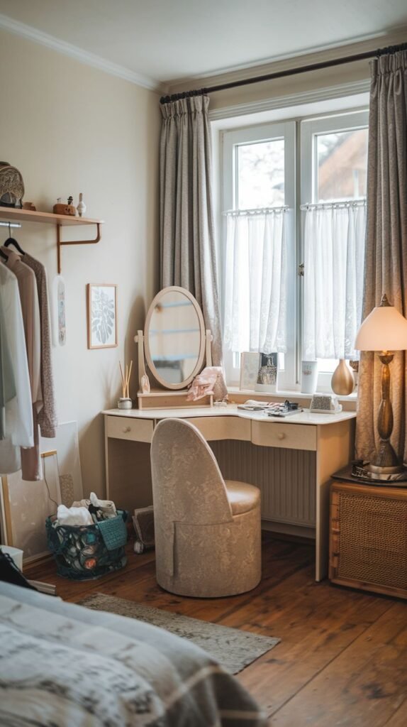 A traditional cream/beige vanity desk with two drawers, situated directly beneath a window dressed with sheer cafe curtains and heavy side drapes. An oval tilting mirror stands on the desktop.