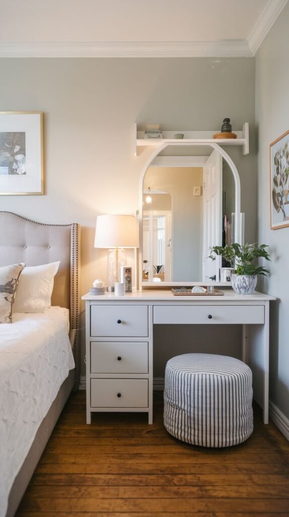 White vanity desk with three stacked drawers on the left and one central drawer, positioned beside a neutral upholstered bed. An arched mirror stands on the desk, featuring a small shelf integrated into the top. A blue and white striped cylindrical ottoman is placed underneath.