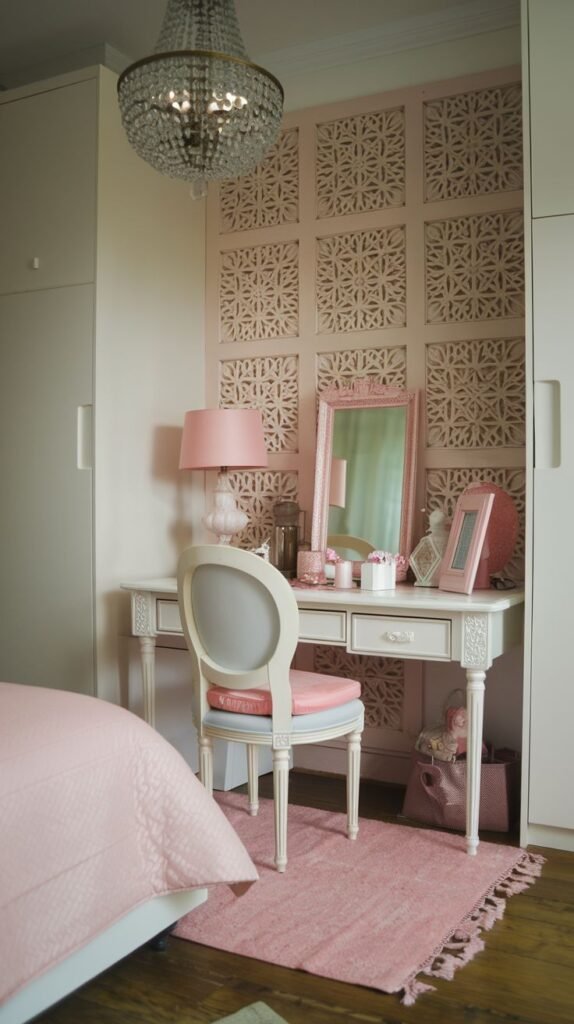 An elegant white vanity desk with decorative carved legs and two drawers. It is positioned against a pink wall featuring a raised geometric pattern. A decorative pink-framed mirror sits on the surface.