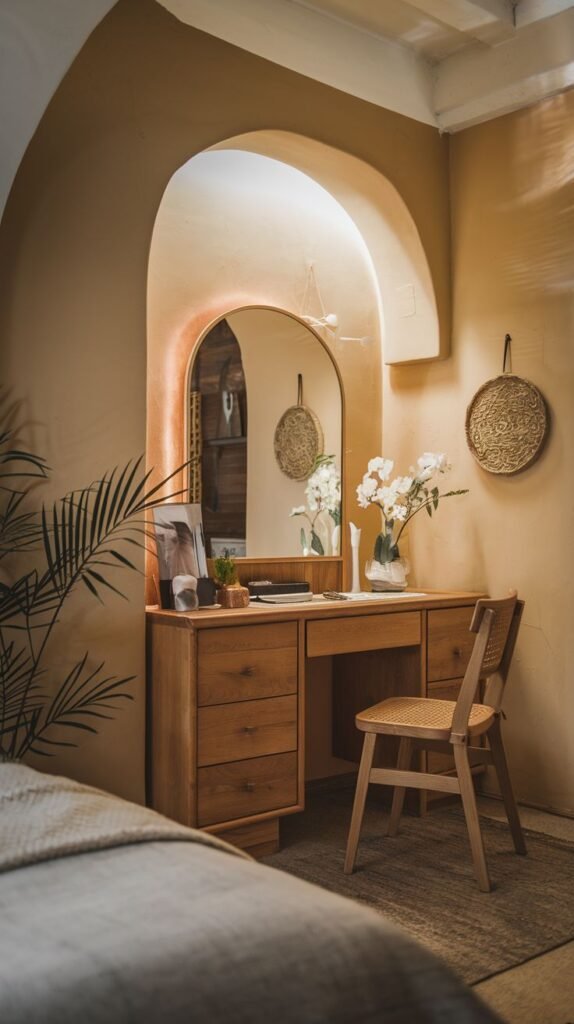 A warm wood vanity console featuring banks of drawers, integrated beneath a curved, sculpted plaster archway. An arched mirror is recessed within the niche. A wooden chair with a cane seat and back is used.