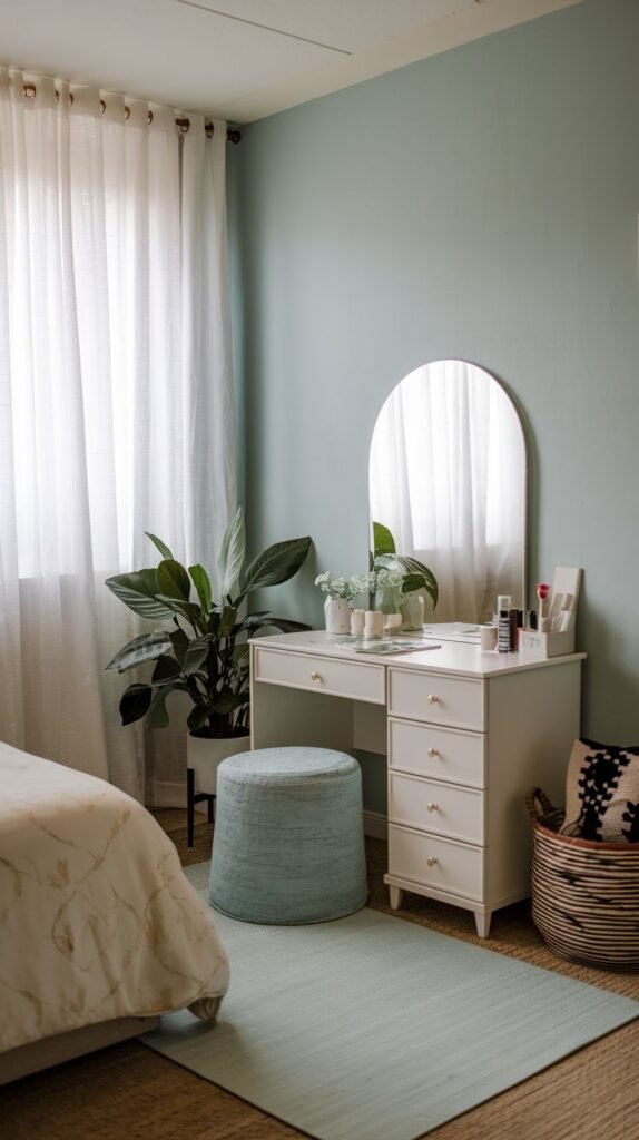 A white vanity desk with four drawers stacked on the right and one drawer above the knee space. An arched mirror stands on the surface against a seafoam green wall. A blue/mint textured cylindrical ottoman is tucked underneath.