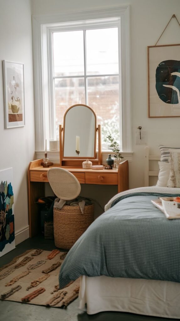 A mid-toned wood vanity desk with drawers and an attached arched tilting mirror, placed directly in front of a large window. A chair with a woven rattan back is used for seating.