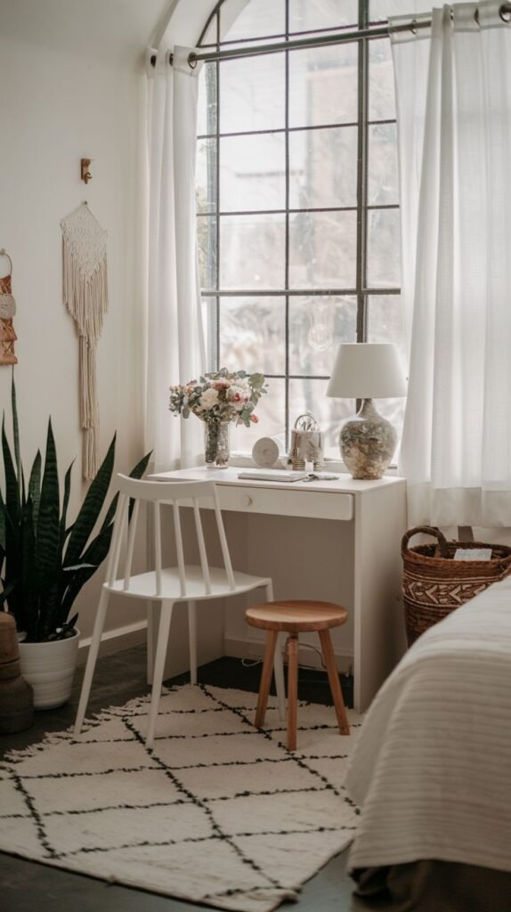 A simple white desk, used as a vanity, positioned directly in front of a large arched window with white sheer curtains. A white slat-back chair and a smaller round wooden stool provide seating.