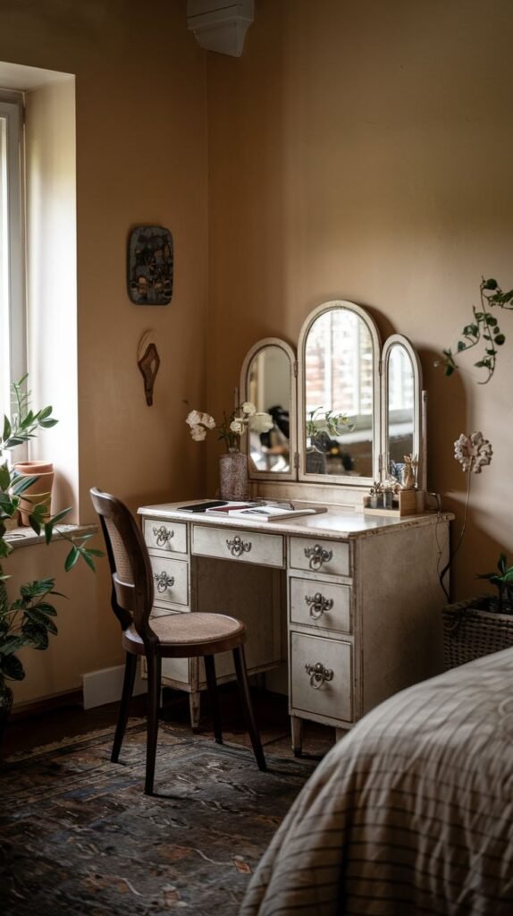 An antique, distressed white vanity featuring seven drawers and a traditional tri-fold mirror. The vanity is set against a warm tan wall and is paired with a dark wooden chair featuring a cane seat and back.