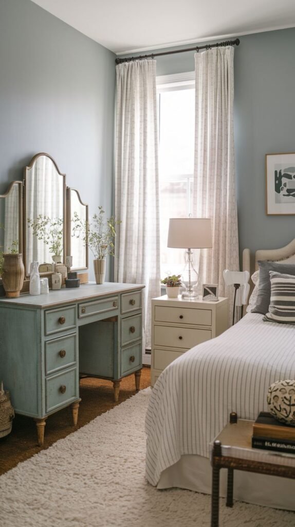 A traditional vanity console featuring a distressed, soft blue/teal paint finish and storage drawers on both sides. A gold-framed tri-fold mirror sits on the surface, set against a pale blue wall.