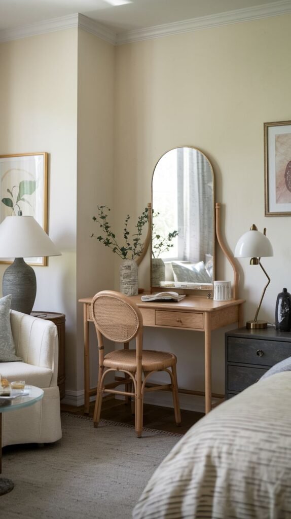 Simple natural wood vanity desk with a single drawer and an attached arched standing mirror. It is paired with a light woven rattan chair.