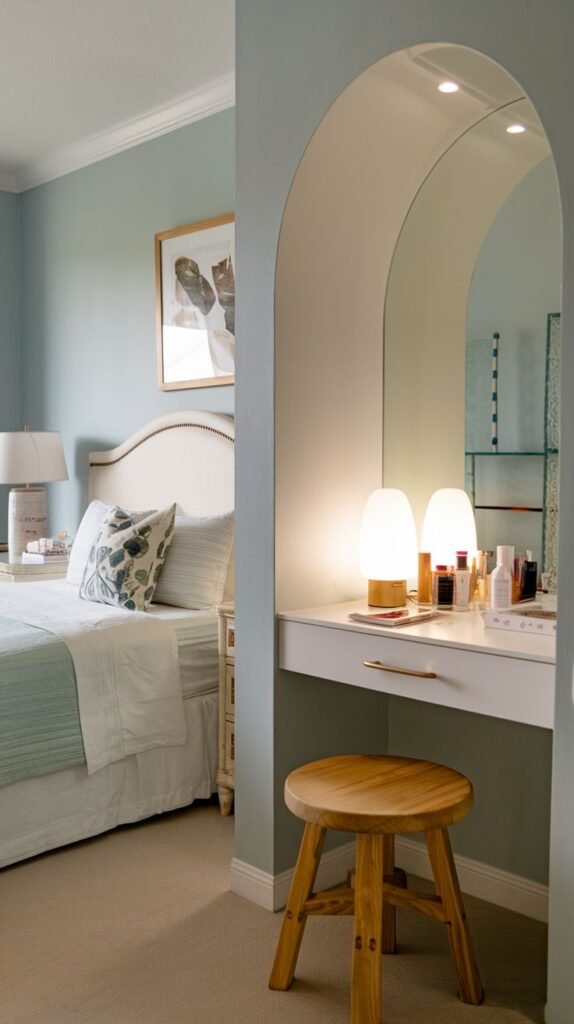 A white vanity shelf built into a recessed, arched wall niche against a light blue wall. A large arched mirror is fitted into the niche, and two glowing modern lamps sit on the shelf. A round wooden stool is placed underneath.
