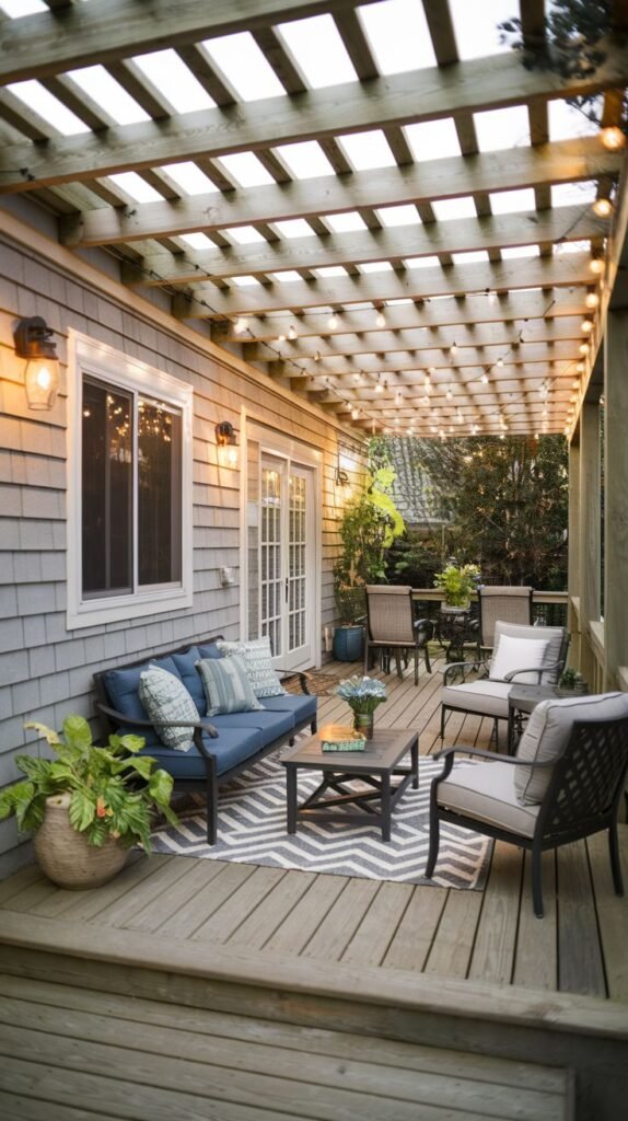 An elevated wooden deck attached to a gray shingled house, covered by an open slatted wooden pergola adorned with globe string lights, hosting a blue sofa, light-cushioned chairs, and a chevron rug.