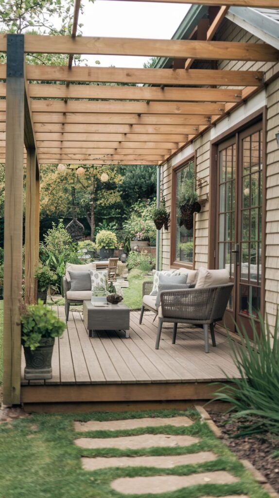 A wooden deck attached to a light brown shingled house, shaded by an open wooden pergola, featuring two modern gray woven armchairs with light cushions, a low coffee table, and stepping stones leading across a grassy yard.